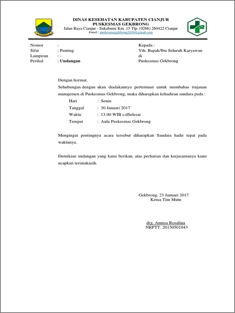 Contoh Surat Undangan Rapat Karyawan Puskesmas