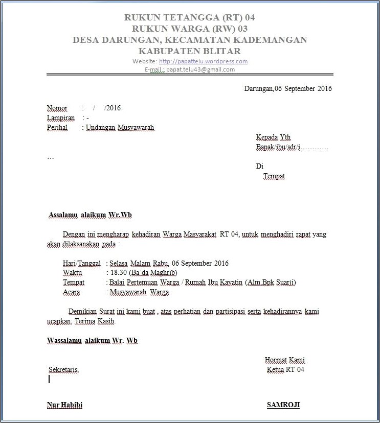 Contoh Surat Undangan Rapat Kaur Perencanaa