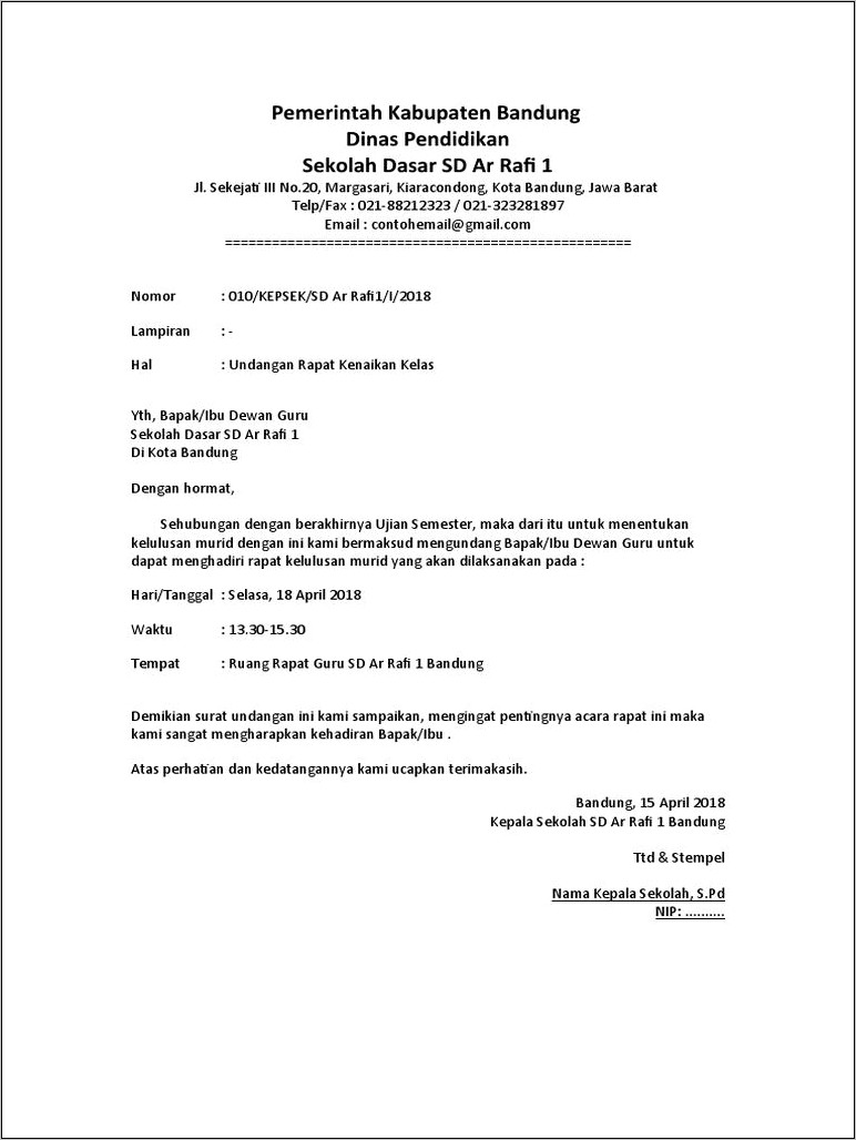 Contoh Surat Undangan Rapat Kenaikan Kelas Tk