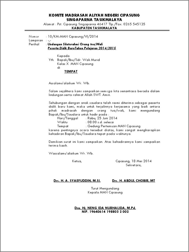 Contoh Surat Undangan Rapat Komite Sekolah Tentang Unbk 2018