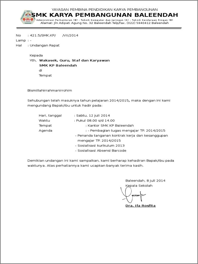 Contoh Surat Undangan Rapat Komite Sekolah Untuk Wali Murid Doc