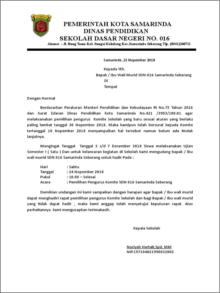 Contoh Surat Undangan Rapat Komite Sekolah Untuk Wali Siswa Baru