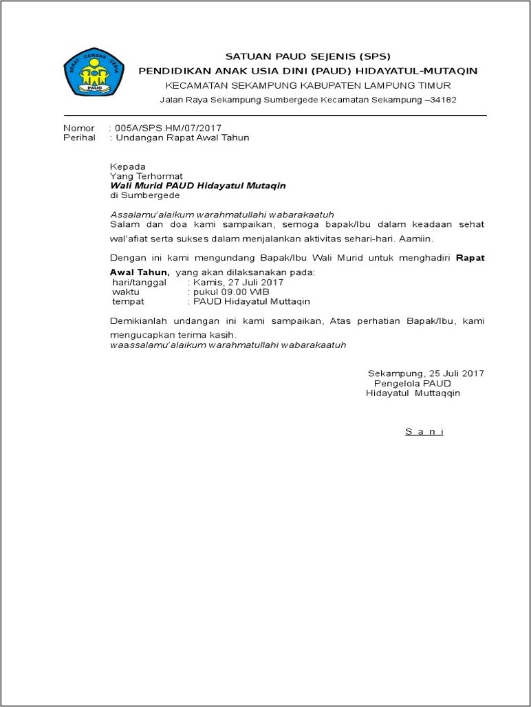 Contoh Surat Undangan Rapat Komite Tk