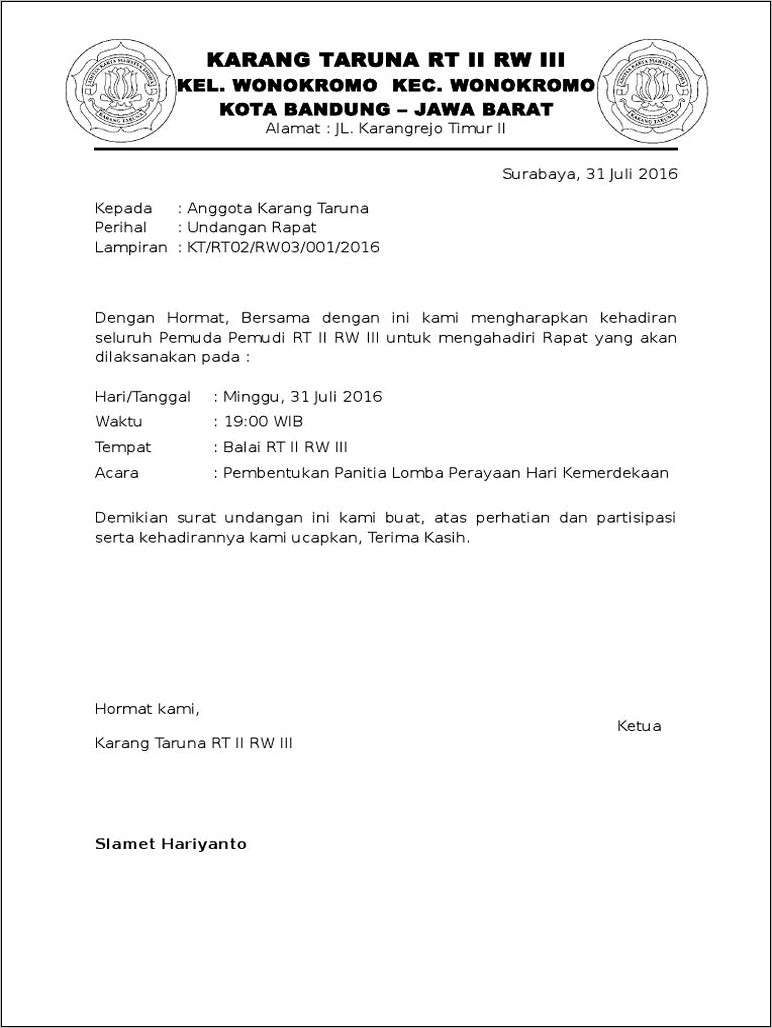 Contoh Surat Undangan Rapat Koordinasi Dengan Lurah Lurah