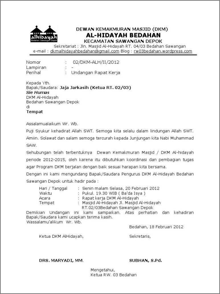 Contoh Surat Undangan Rapat Koordinasi Organisasi Word