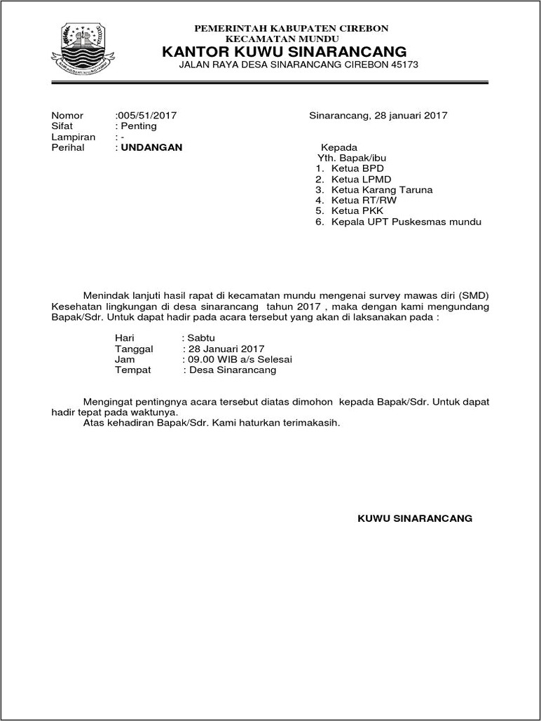 Contoh Surat Undangan Rapat Koordinasi Pengurus
