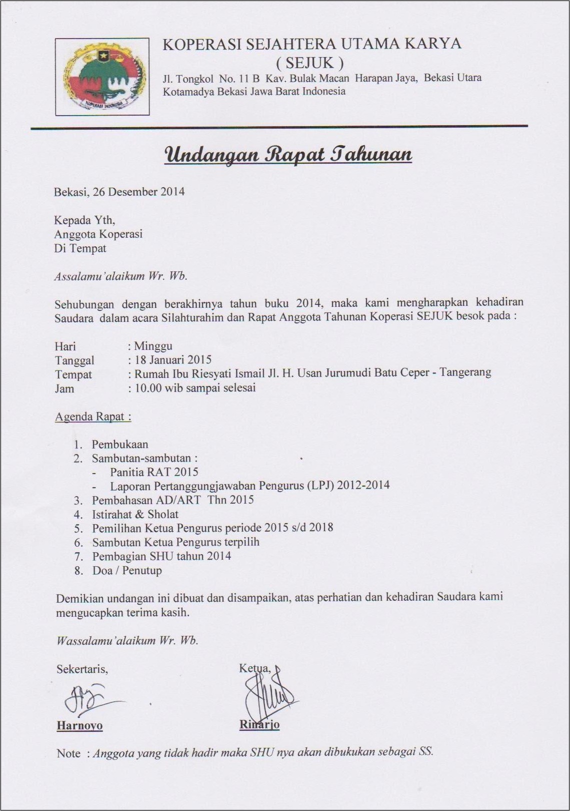 Contoh Surat Undangan Rapat Koperasi Pt.bca