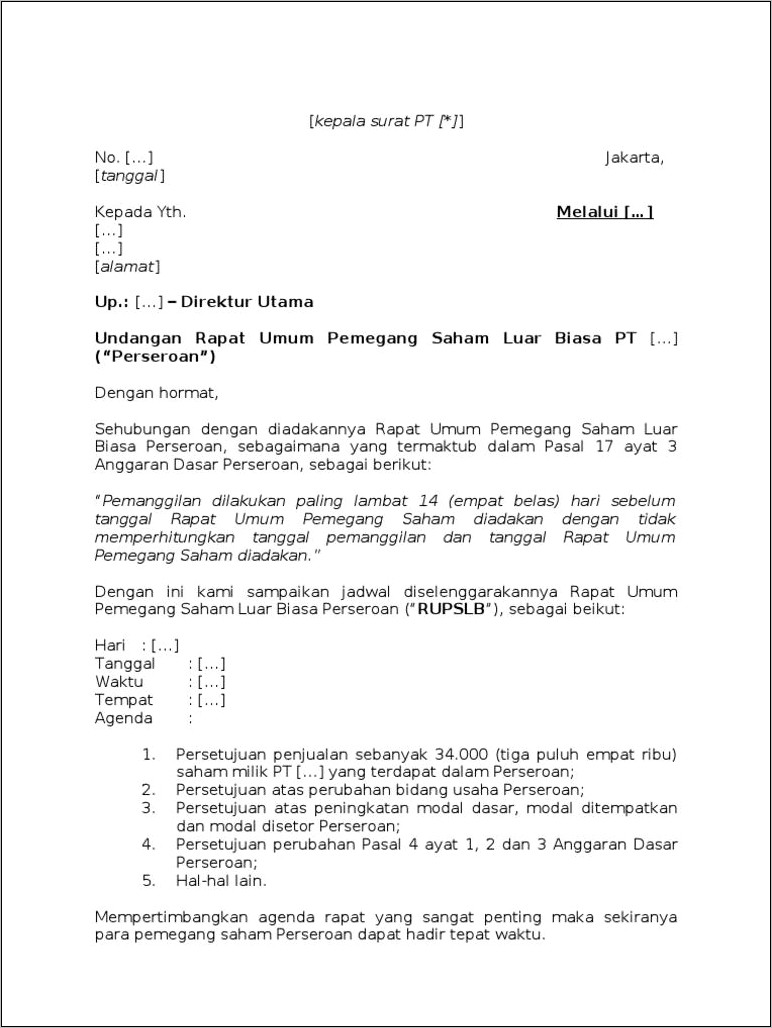 Contoh Surat Undangan Rapat Luar Biasa