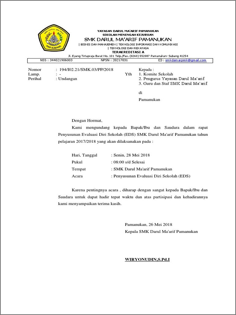 Contoh Surat Undangan Rapat Madrasah