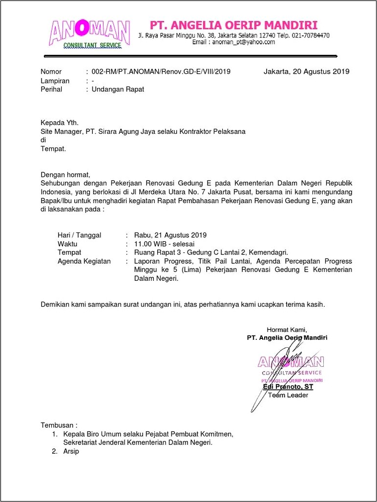 Contoh Surat Undangan Rapat Manajer