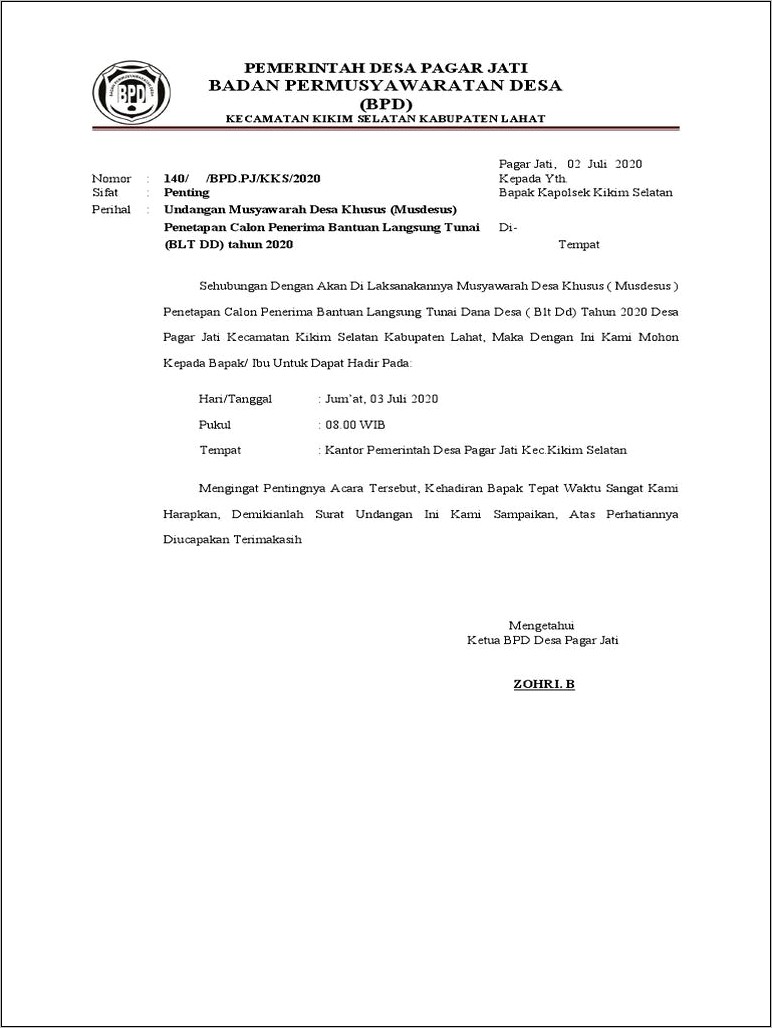 Contoh Surat Undangan Rapat Musyawarah Desa Word
