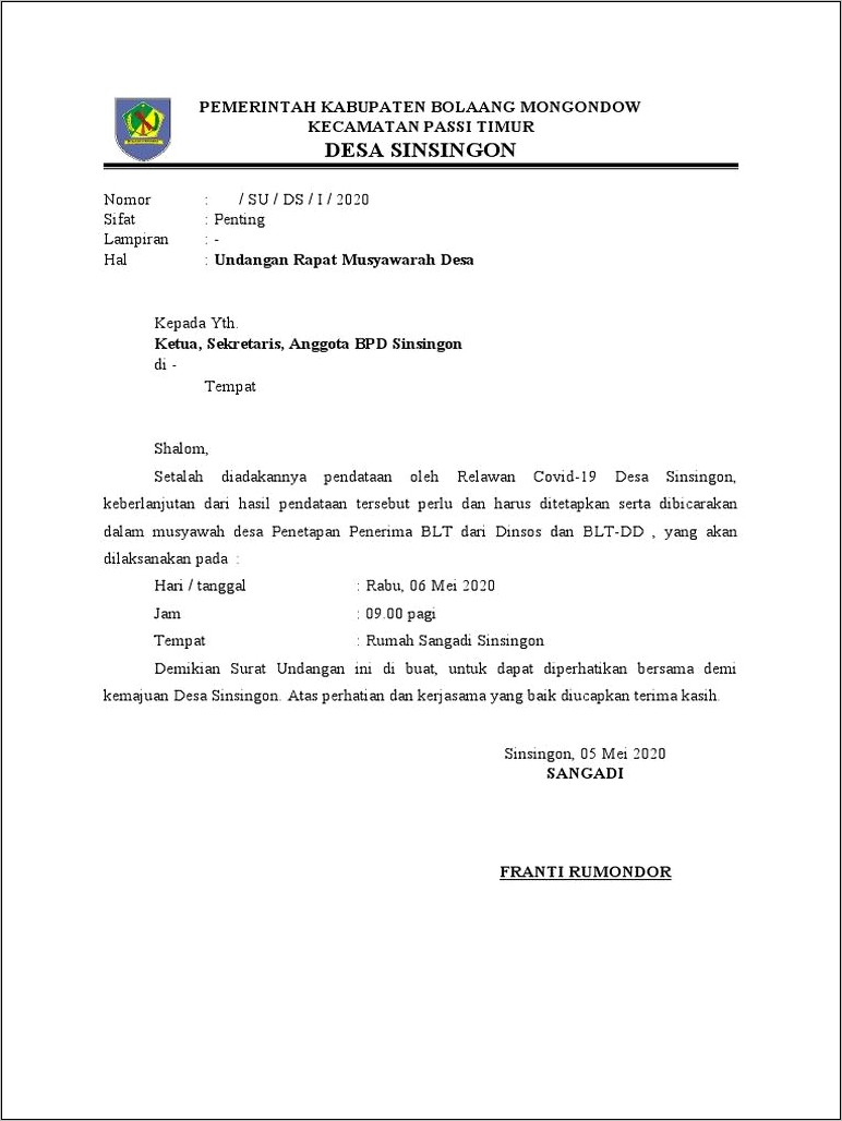 Contoh Surat Undangan Rapat Musyawarah
