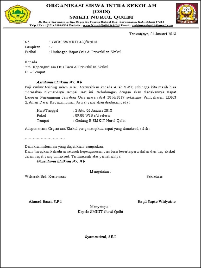 Contoh Surat Undangan Rapat Oleh Osis Untuk Siswa