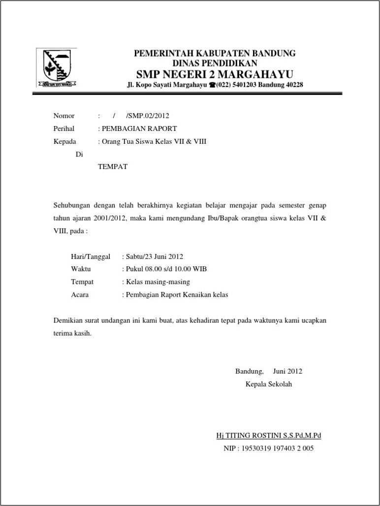 Contoh Surat Undangan Rapat Orang Tua Murid Doc