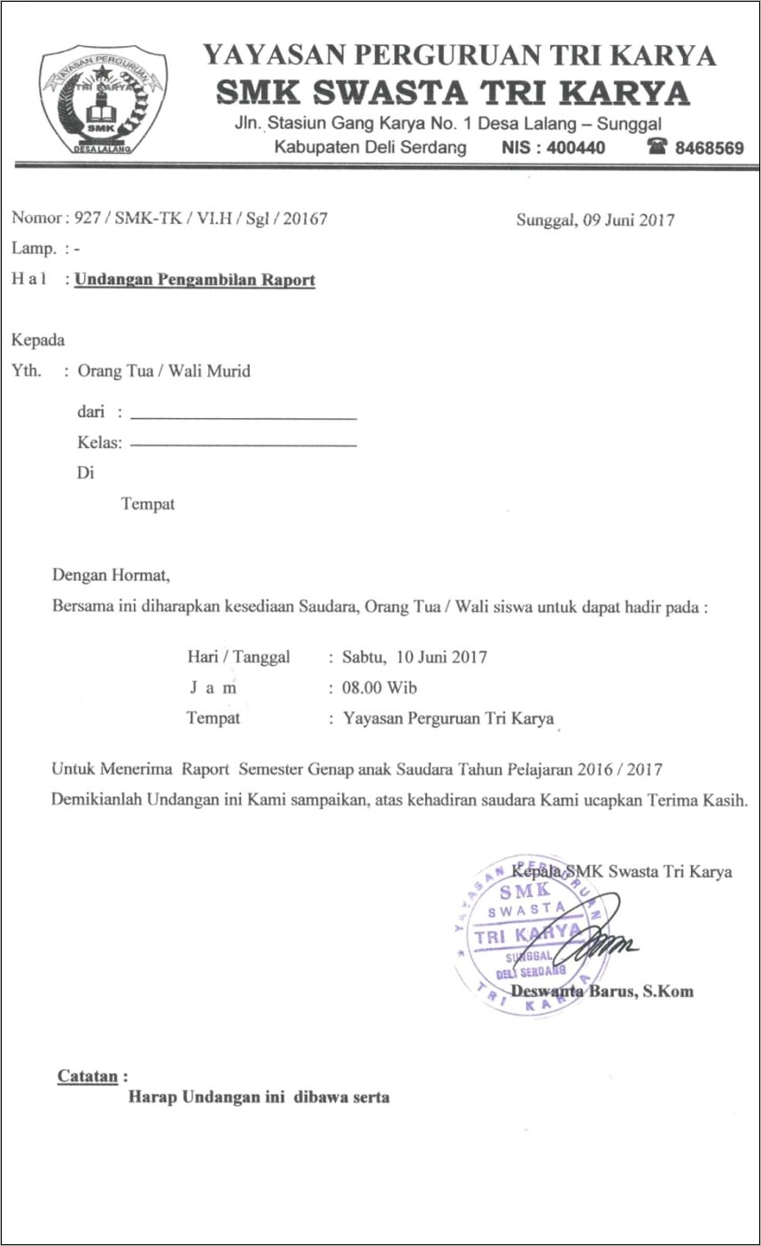 Contoh Surat Undangan Rapat Orang Tua Murid Kelas 6