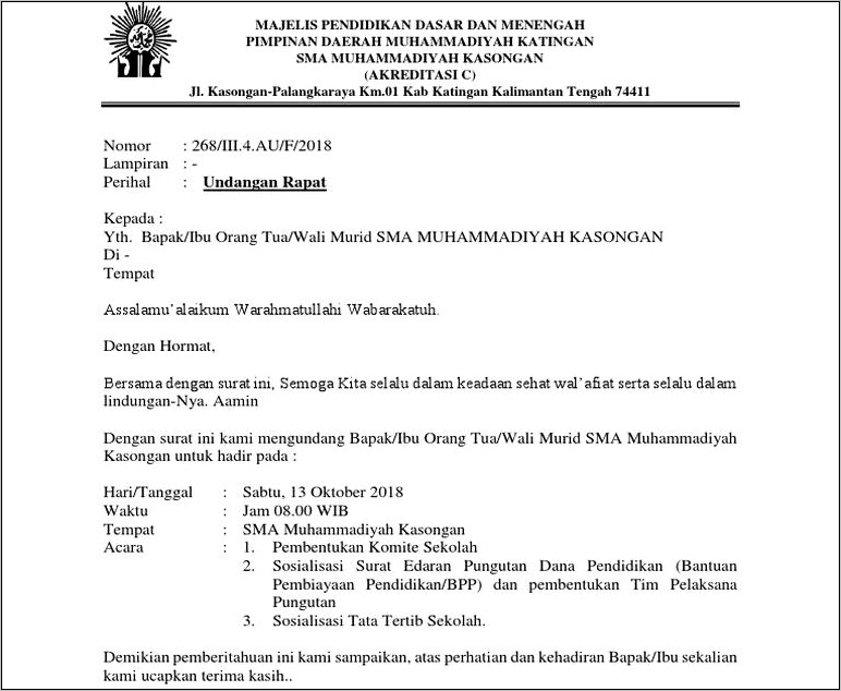 Contoh Surat Undangan Rapat Orang Tua Murid Paud