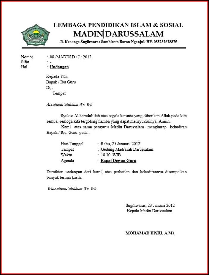 Contoh Surat Undangan Rapat Orang Tua Murid Sd