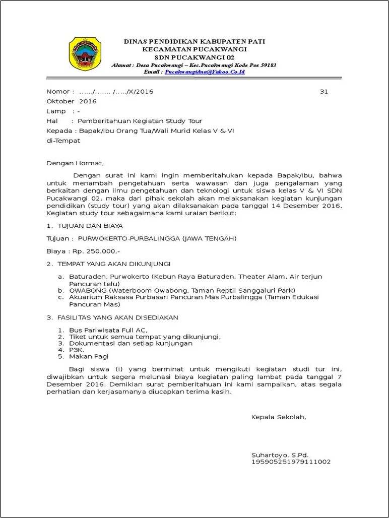 Contoh Surat Undangan Rapat Orang Tua Murid Tentang Karyawisata