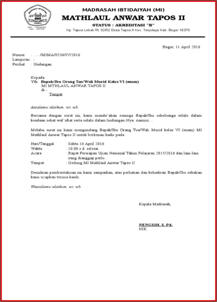 Contoh Surat Undangan Rapat Orang Tua Murid Tpa