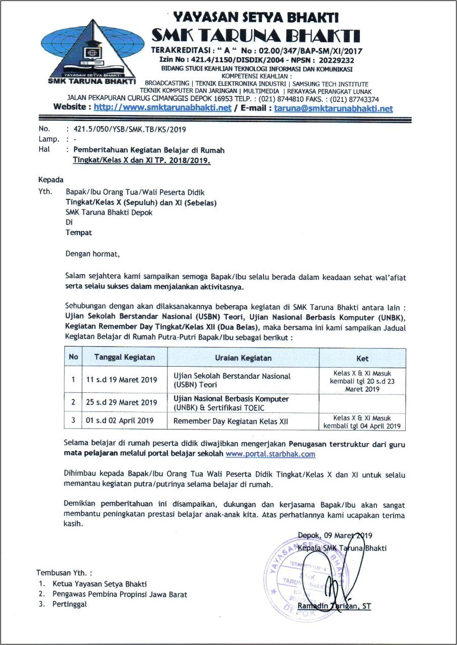 Contoh Surat Undangan Rapat Orang Tua Murid Untuk Persiapan Unbk