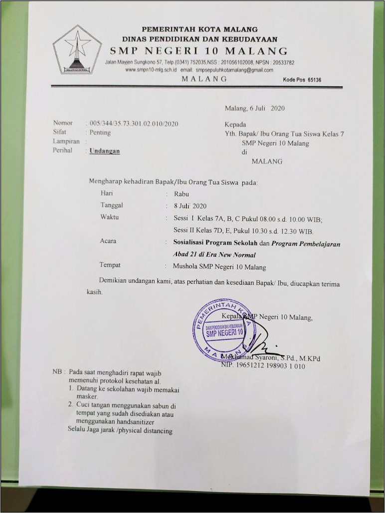 Contoh Surat Undangan Rapat Orang Tua Siswa Kelas Vi