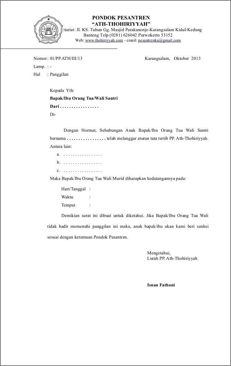Contoh Surat Undangan Rapat Orang Tua Siswa Pip