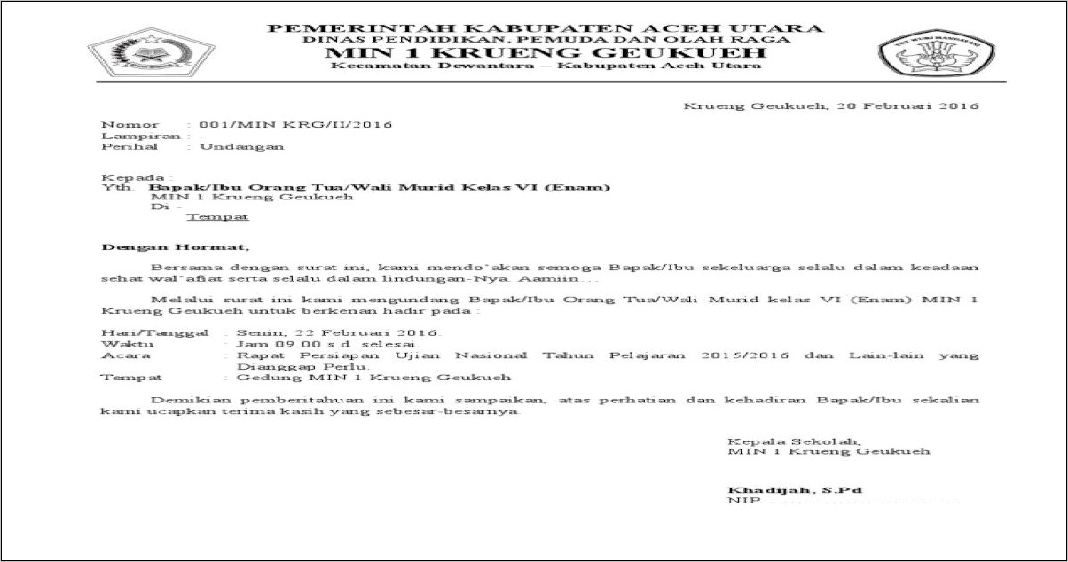 Contoh Surat Undangan Rapat Orang Tua Siswa Sd