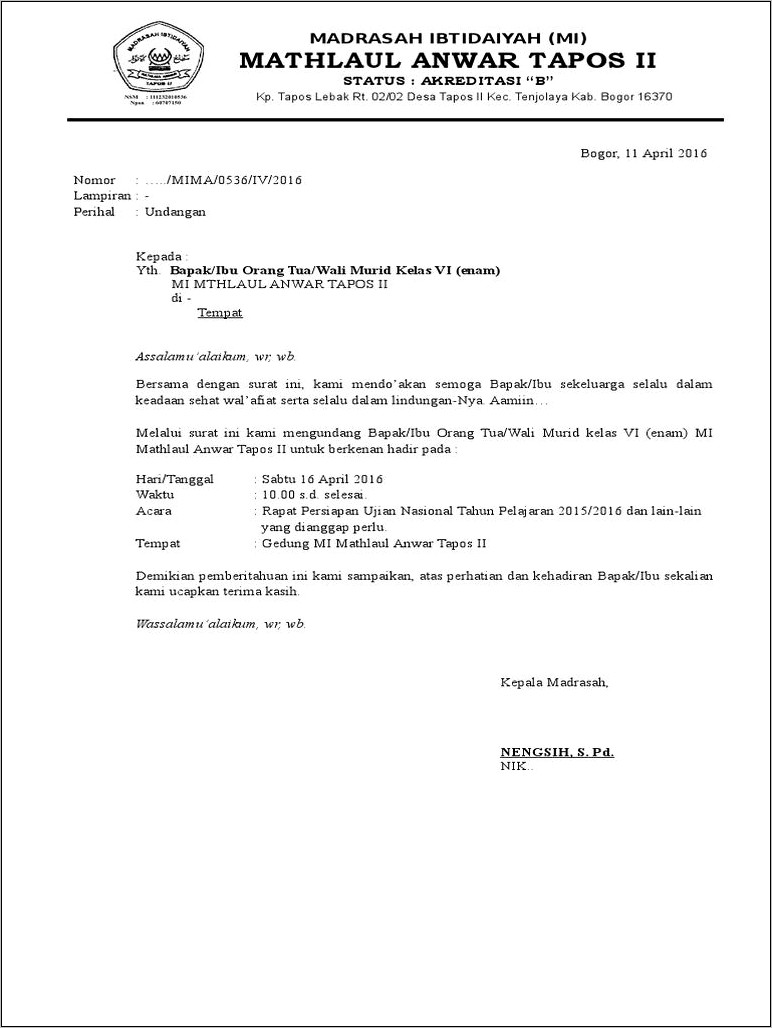 Contoh Surat Undangan Rapat Orang Tua Siswa Untuk Seminar