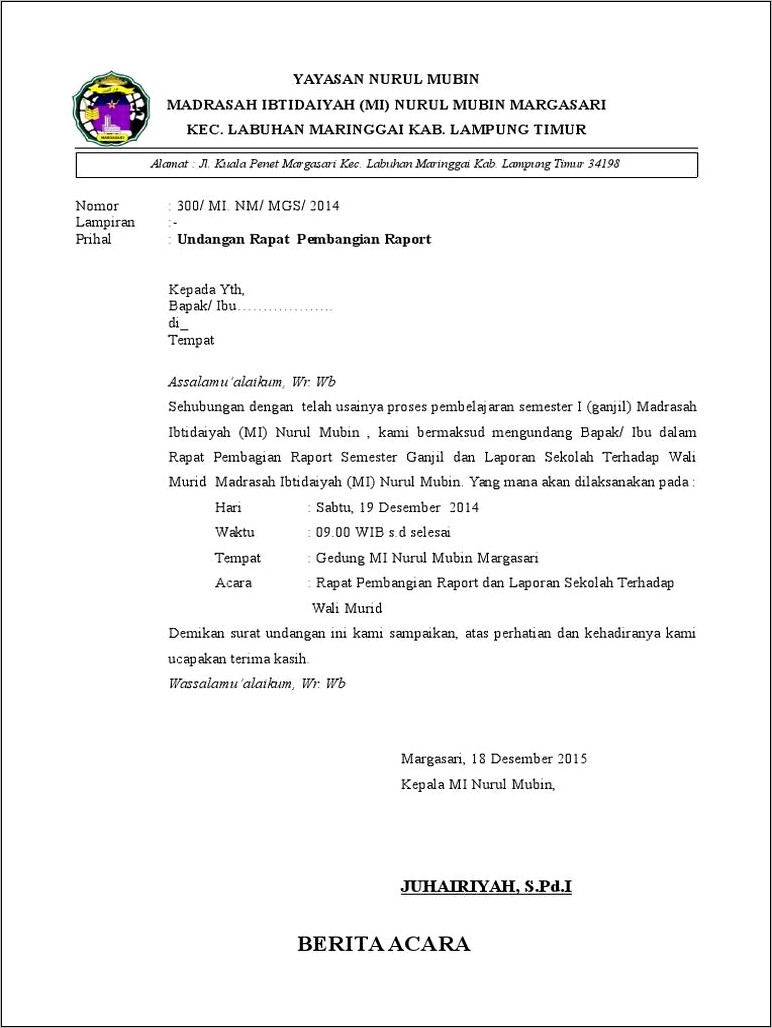 Contoh Surat Undangan Rapat Orang Tua Tk