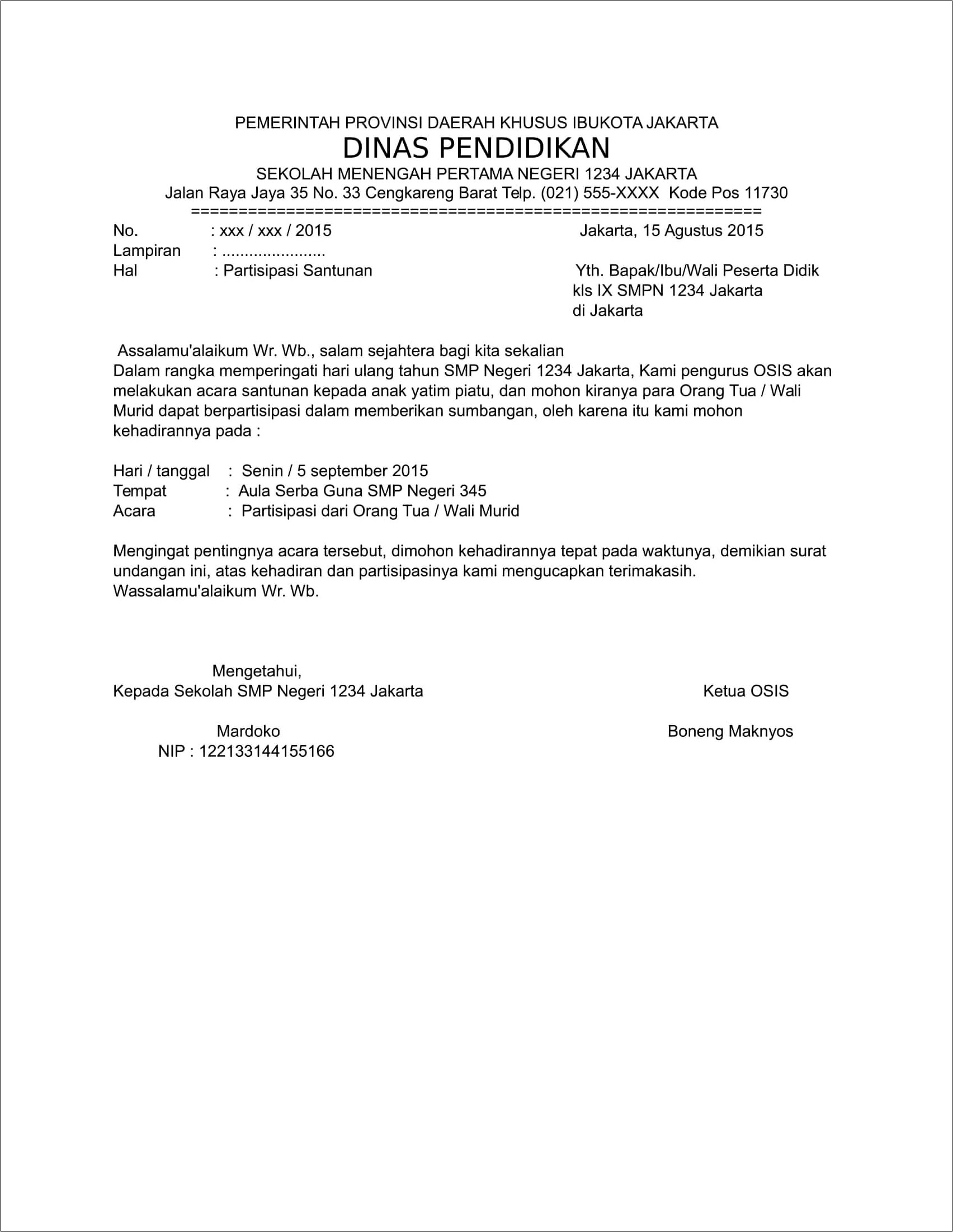 Contoh Surat Undangan Rapat Orangtua Santri