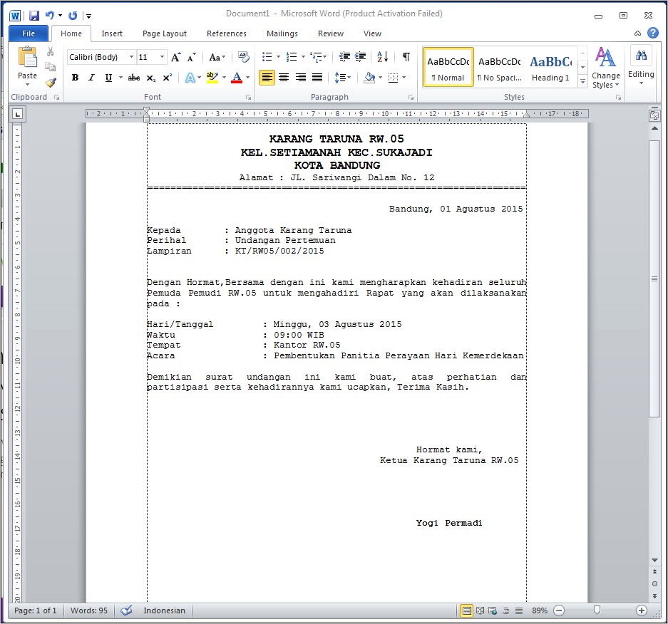Contoh Surat Undangan Rapat Organisasi Tingkat Propinsi