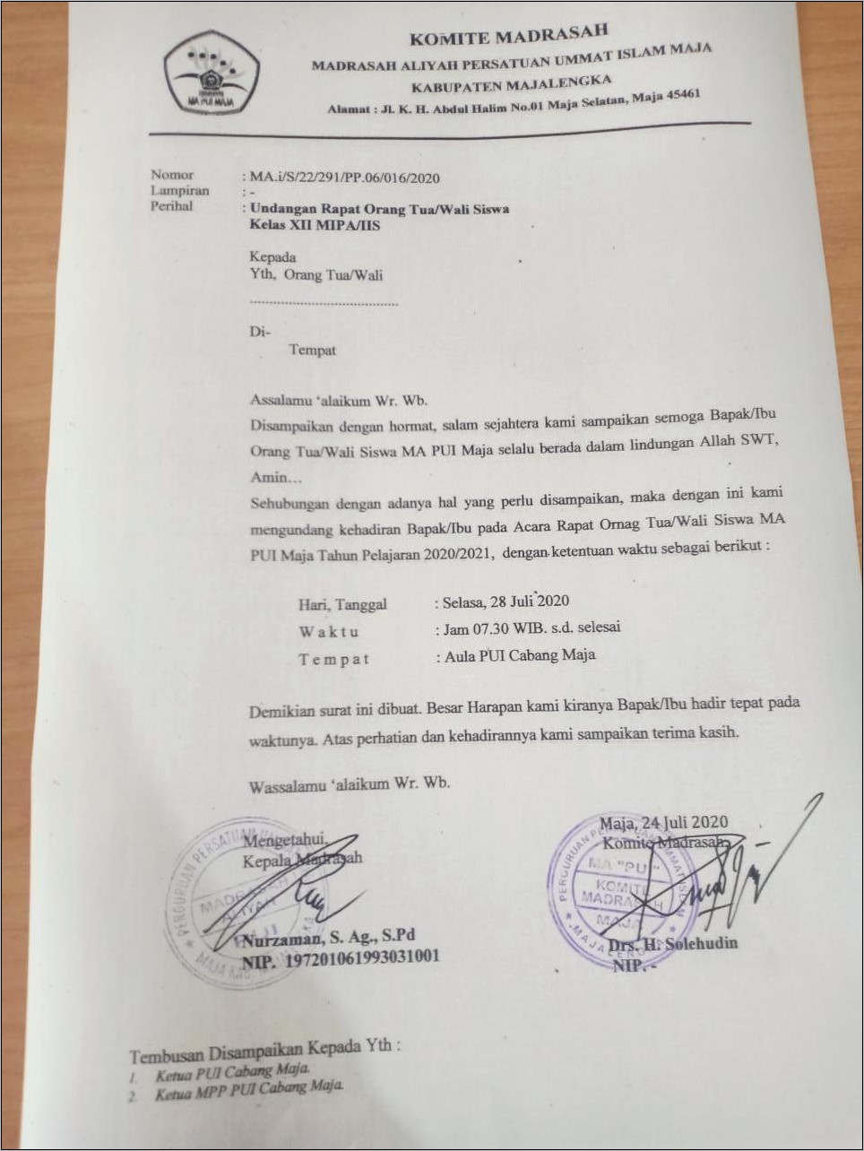 Contoh Surat Undangan Rapat Ortu Kelas 12
