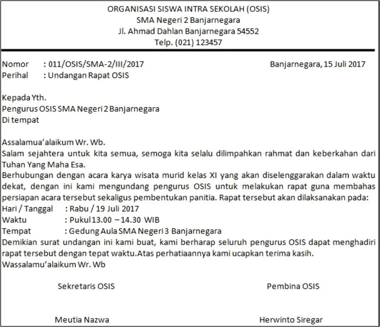 Contoh Surat Undangan Rapat Osis Dalam Bahasa Inggris Beserta Artinya