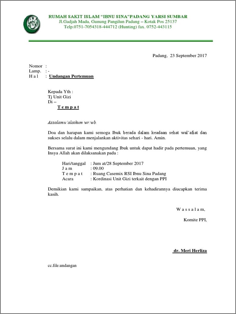 Contoh Surat Undangan Rapat P2k3