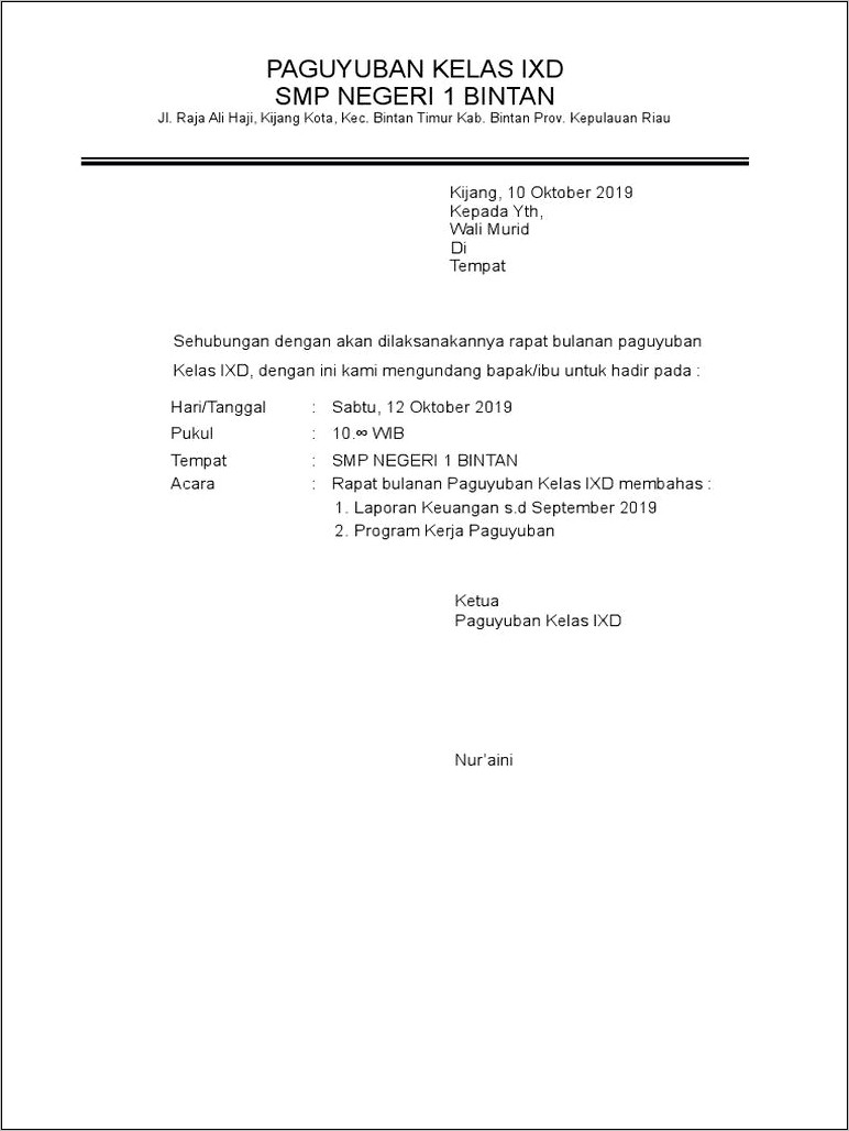 Contoh Surat Undangan Rapat Paguyuban