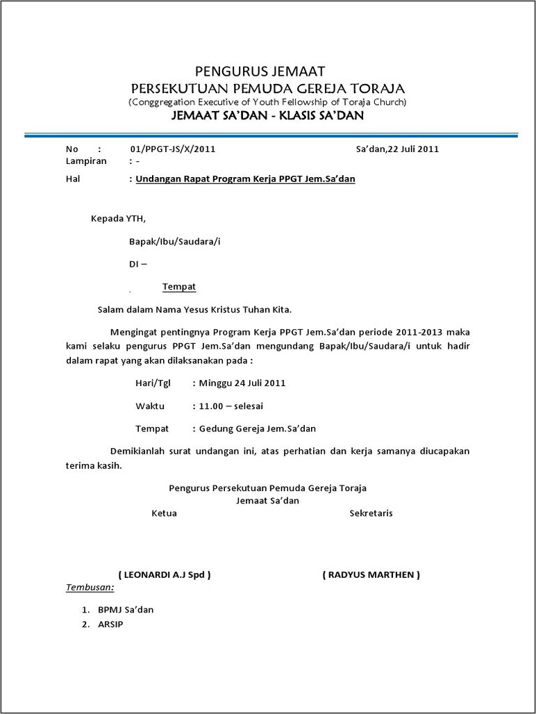 Contoh Surat Undangan Rapat Panitia Gereja