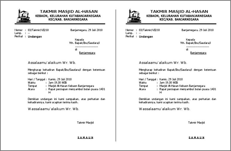 Contoh Surat Undangan Rapat Panitia Mesjid