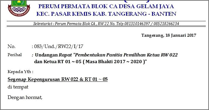 Contoh Surat Undangan Rapat Panitia Pemilihan Rw