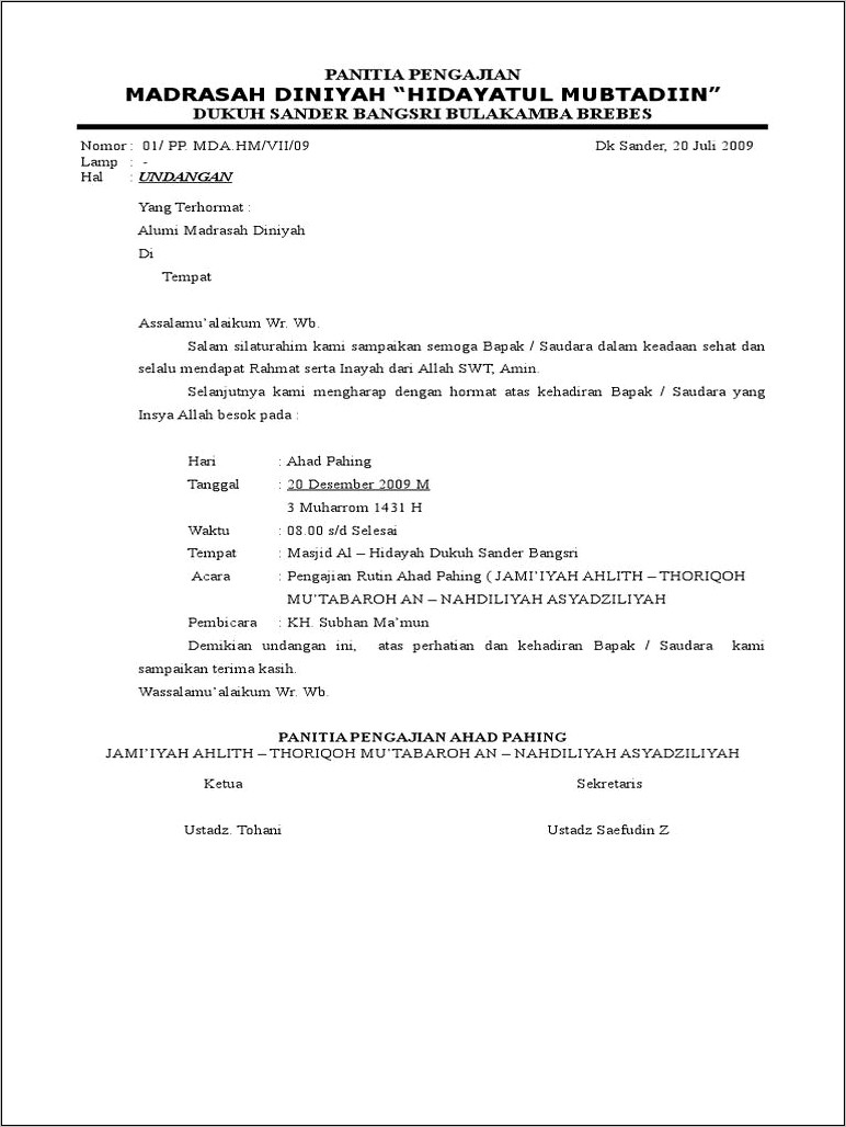 Contoh Surat Undangan Rapat Panitia Pengajian