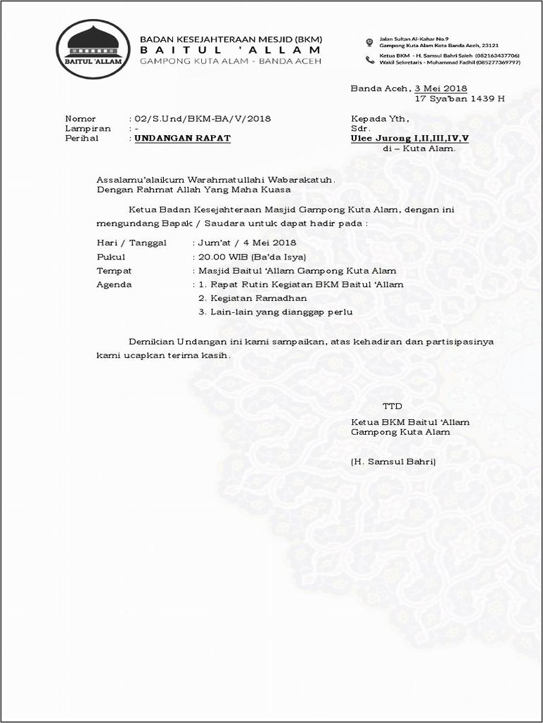 Contoh Surat Undangan Rapat Panitia Pernikahan Doc