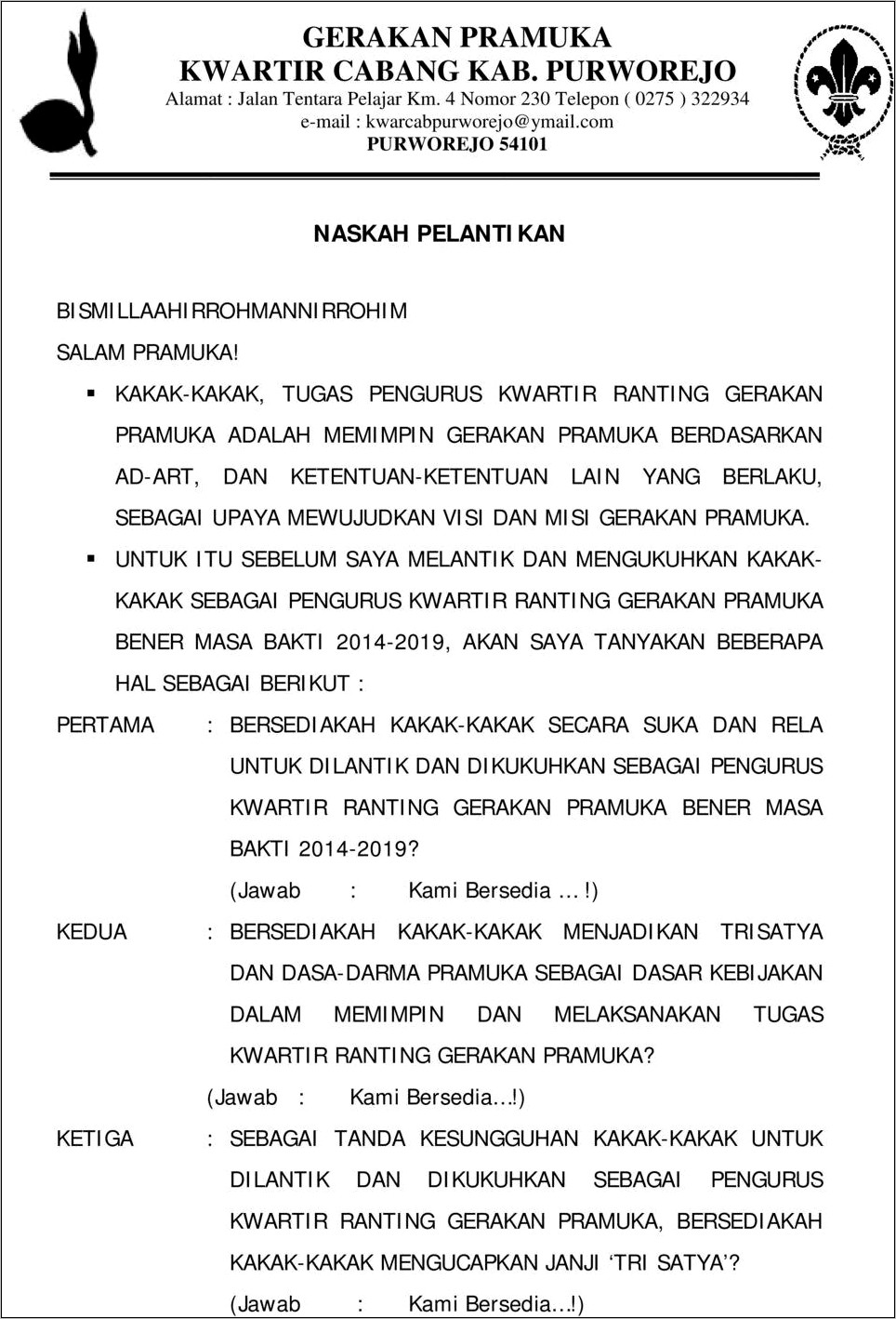 Contoh Surat Undangan Rapat Pelantikan Pengurus Kwarran
