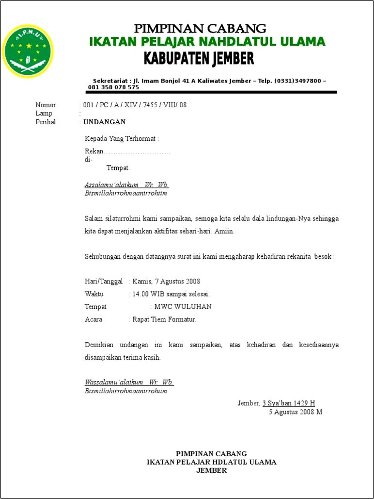 Contoh Surat Undangan Rapat Pembentukan Formatur Anggota Koperasi Doc