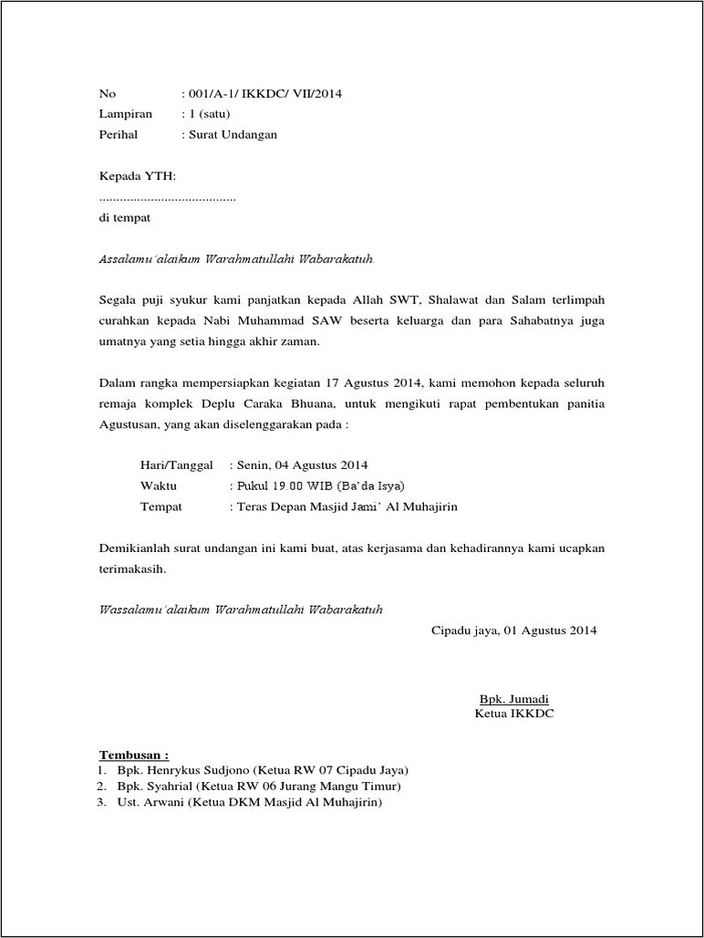 Contoh Surat Undangan Rapat Pembentukan Panitia 17 Agustus