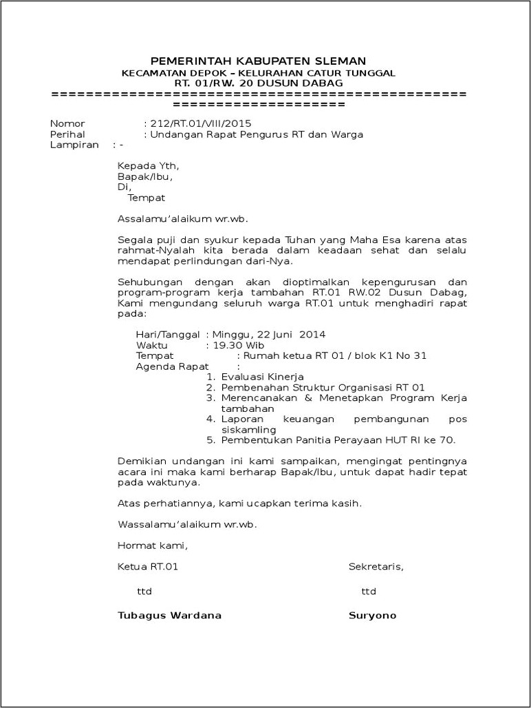 Contoh Surat Undangan Rapat Pembentukan Panitia Agustusan