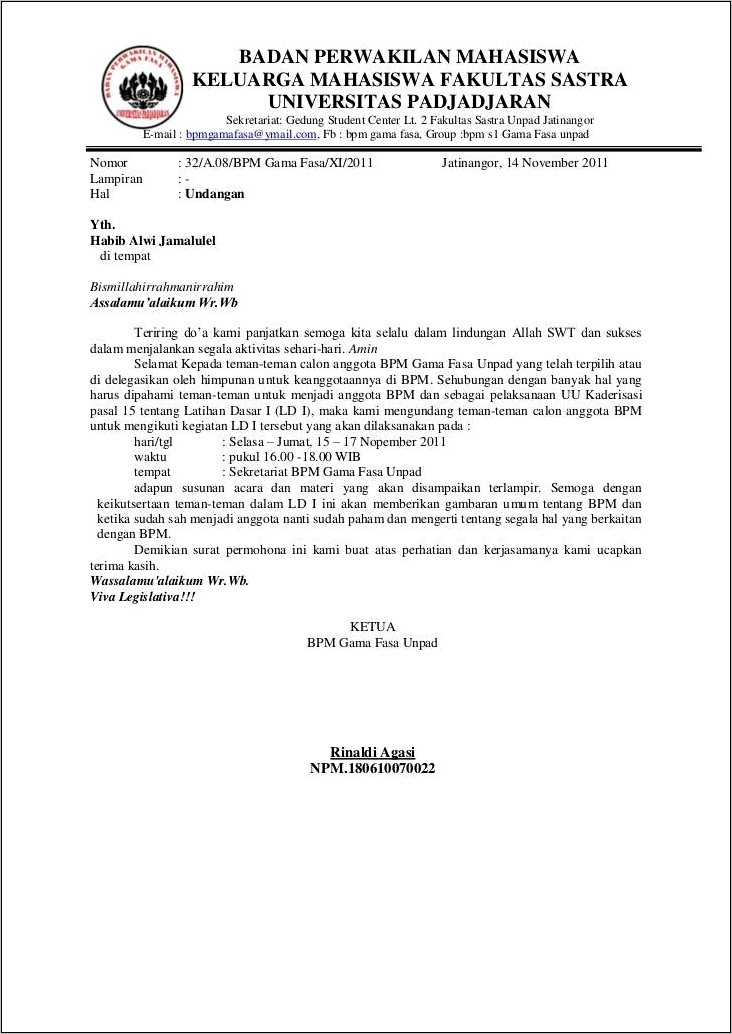 Contoh Surat Undangan Rapat Pembentukan Panitia Ldks