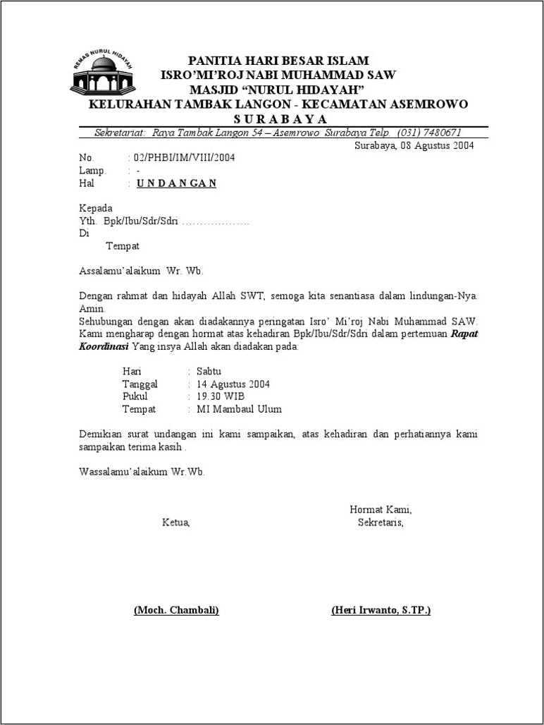 Contoh Surat Undangan Rapat Pembentukan Panitia Masjid