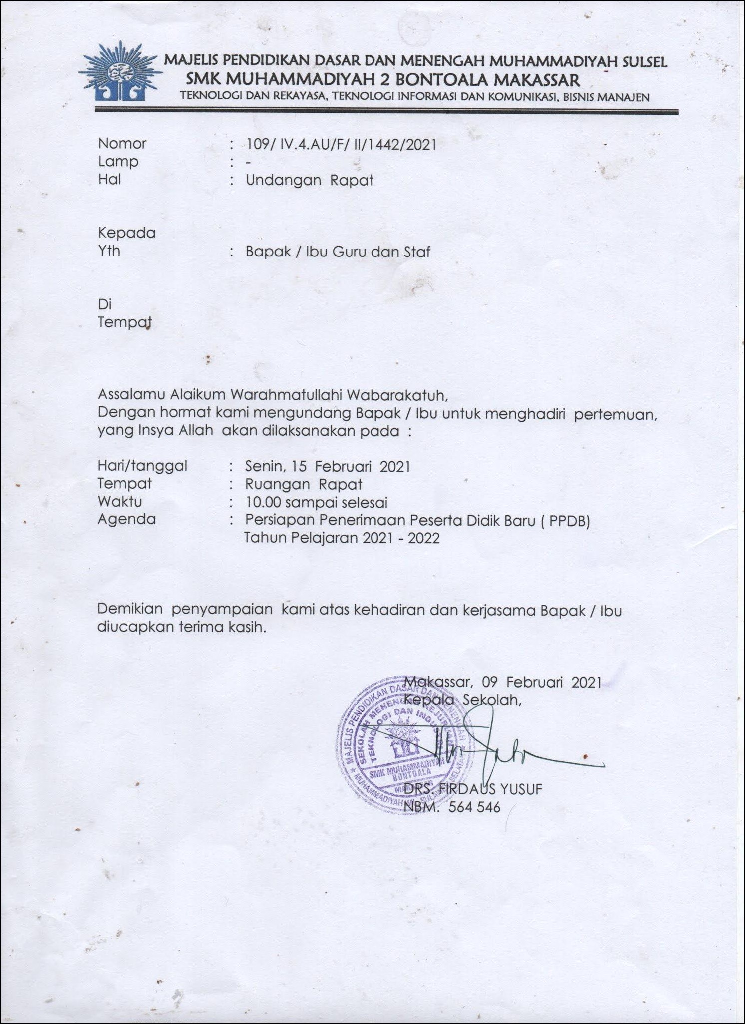 Contoh Surat Undangan Rapat Pembentukan Panitia Psb