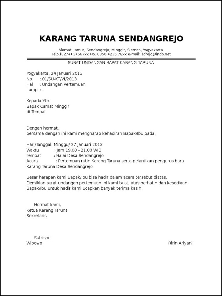 Contoh Surat Undangan Rapat Pembentukan Pengajin