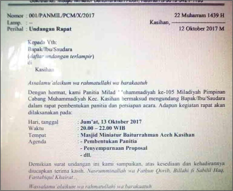 Contoh Surat Undangan Rapat Pembentukan Pengurus Masjid