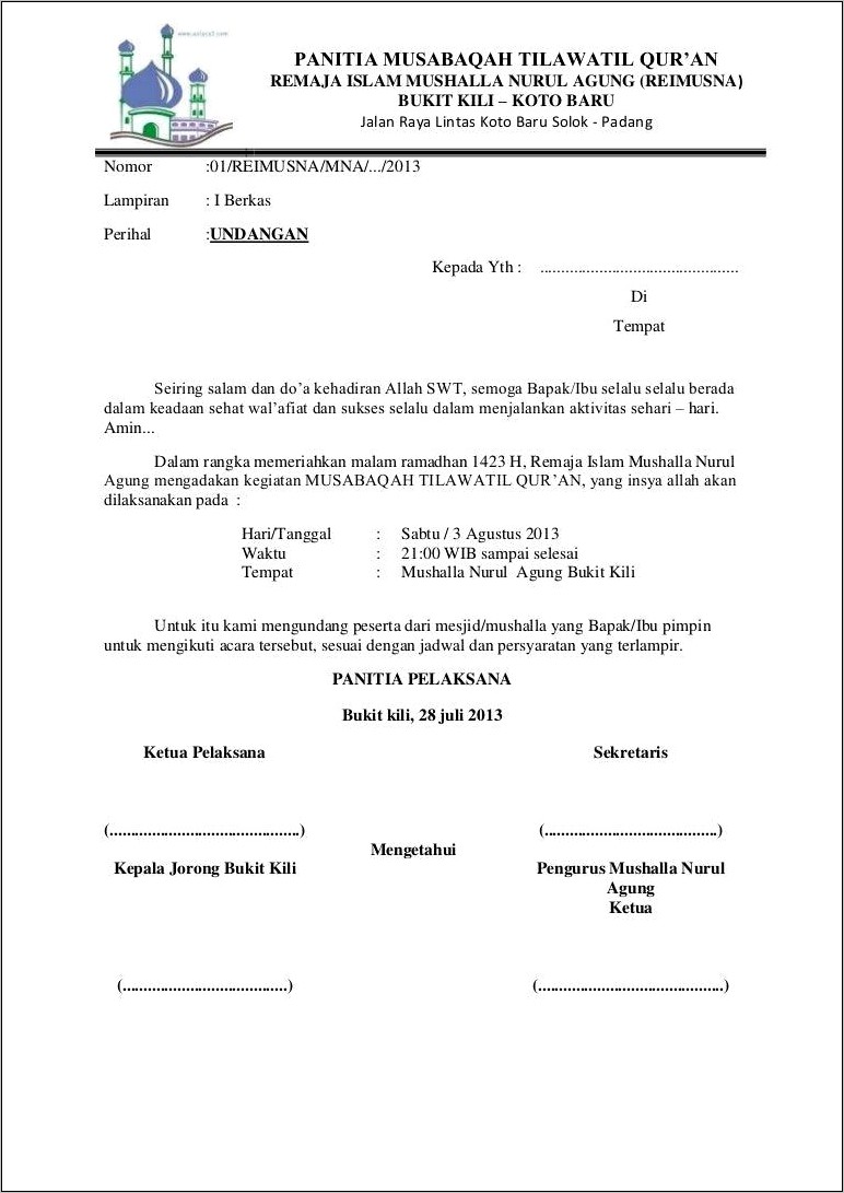 Contoh Surat Undangan Rapat Pembentukan Remaja Masjid